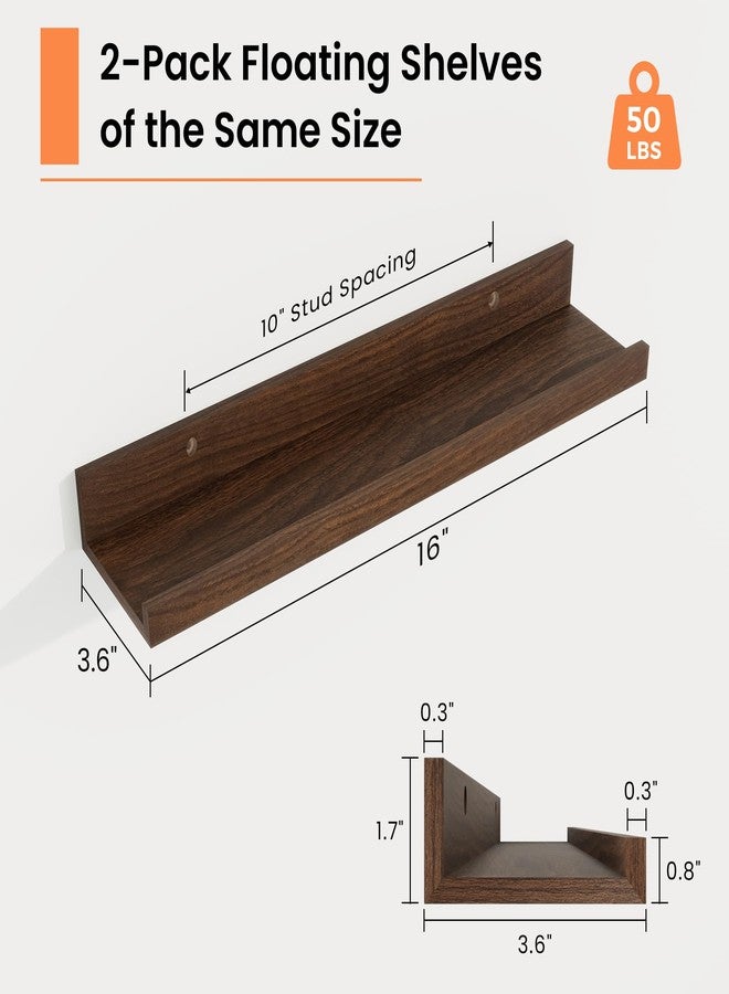 RICHFOCUS Picture Ledge Shelf, 16 inch Floating Shelves Set of 2, Wood Wall Shelves with Lip, Wall Decor Storage for Bedroom Living Room Bathroom Kitchen Nursery Photo Picture, Walnut - Image 2